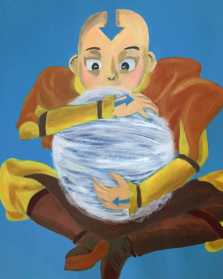 אנג מחזיק כדור מים, ציור קיר על רקע כחול